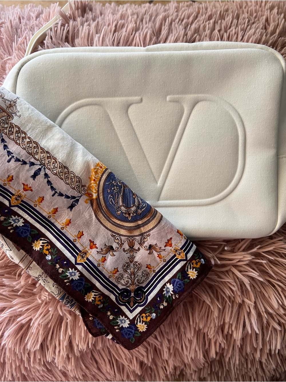 Valentino White Embossed Logo Beauty Bag/Clutch with Vintage Valentino Scarf